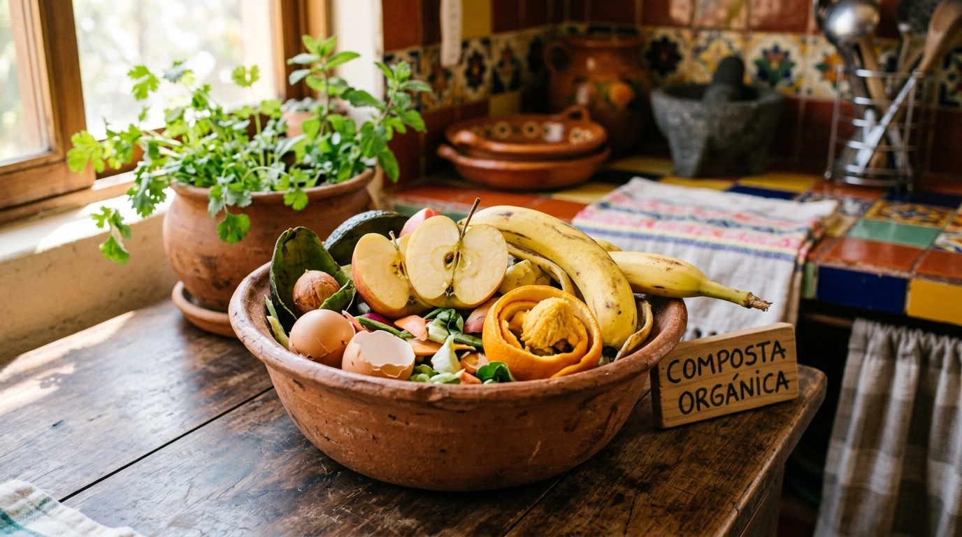 Recipiente con cáscaras de frutas y desperdicios orgánicos